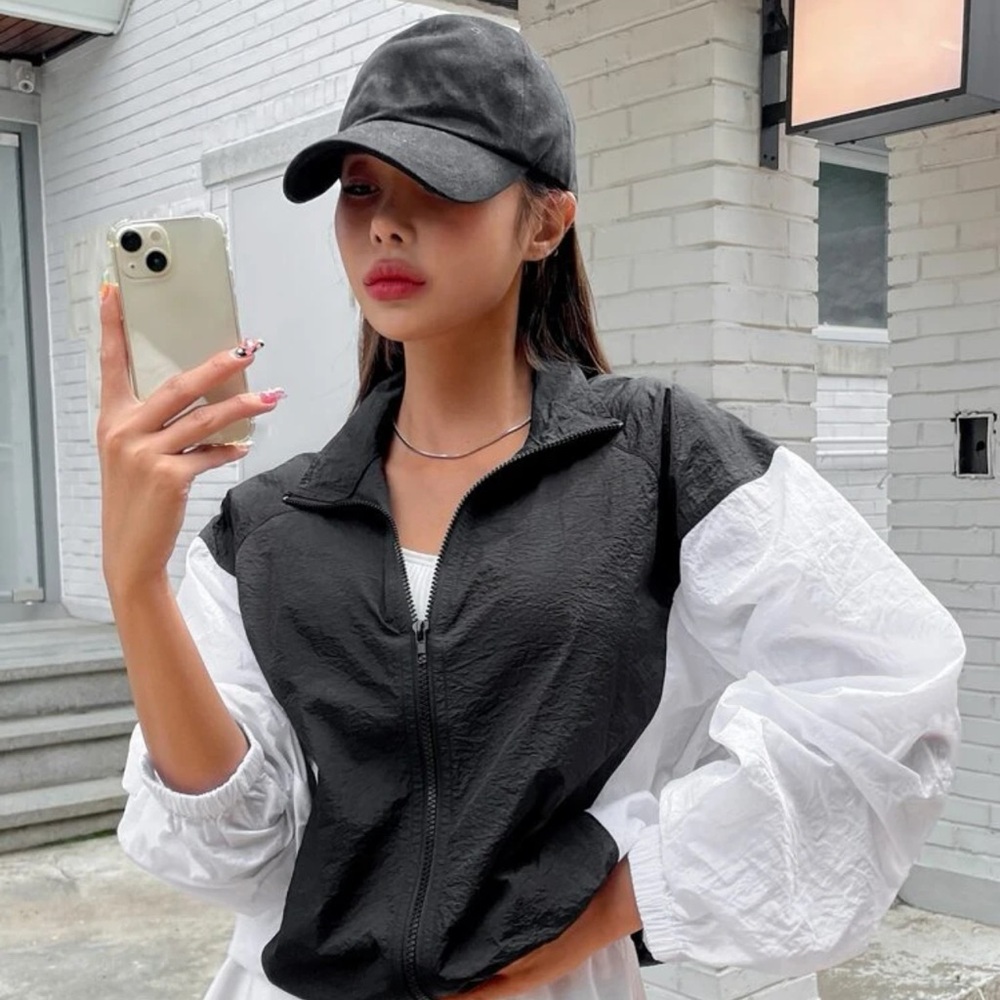 Two Tone Bishop Sleeve Drawstring Hem Zip Up Jacket